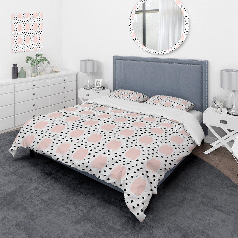 Ensemble de housse de couette style Mid-Century rose à pois noirs II - pois en microfibre de polyester