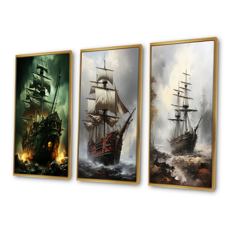 Ensemble de salon pirate Ghost Ship I - Pirate Wall Art, Cadre flottant doré, H 32 po x l 48 po