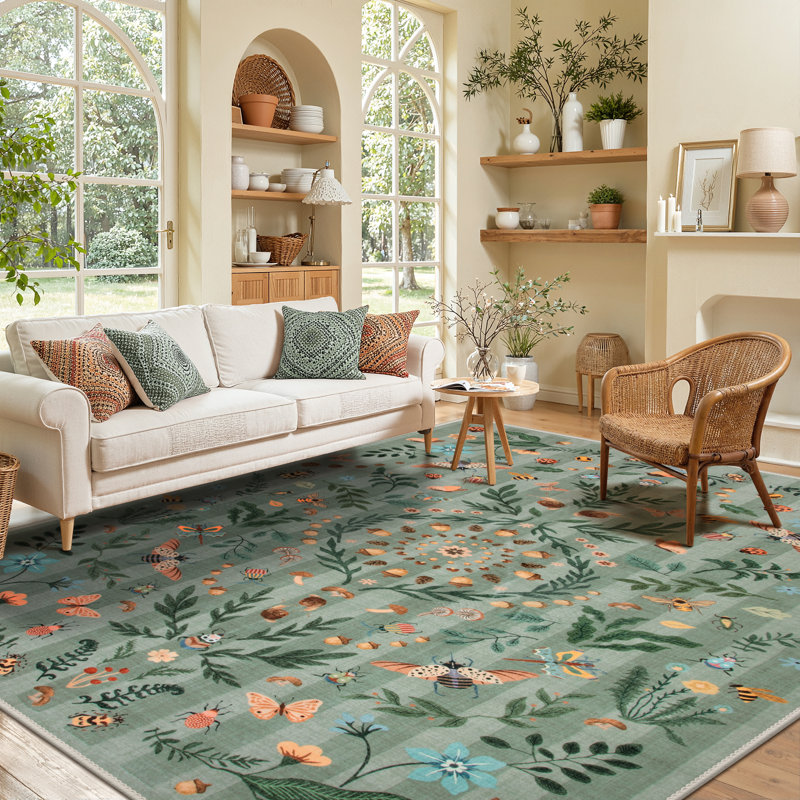Insect and Plant Vertical Striped Textured Washable Area Rug - Nature-Inspired Carpet for Living Room, Bedroom, or Office