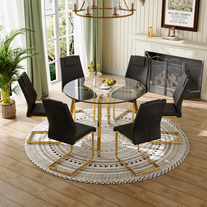 Glass Top Dining Set, Black/Gold, 7, Gold