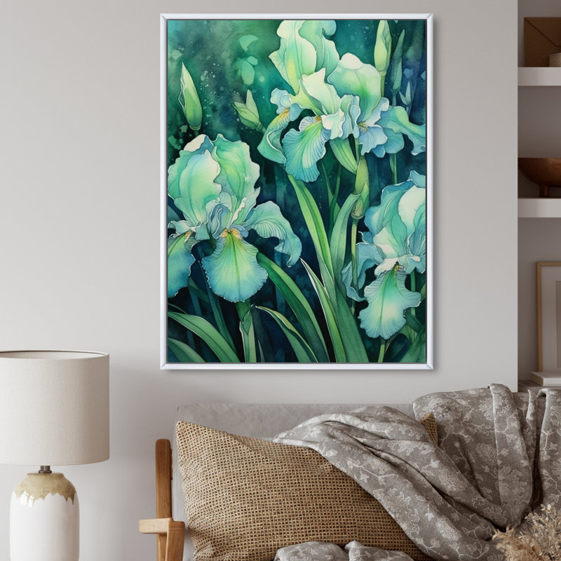 «Green Irises Petal V», art mural sur toile à motif floral, Cadre flottant blanc, H 40 po x l 30 po x P 1,5 po