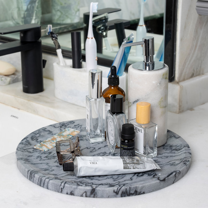 Guein 12” Round Natural Marble Tray, Monte Grigio