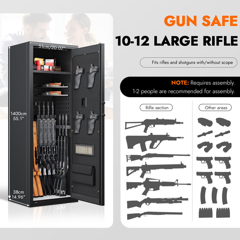 10-12 Gun Safe,Fingerprint Gun Safes for Home Rifle and Pistols,Large Gun Cabinets for Rifles and Shotguns with Scope,Long Rifle Safe with Adjustable Shelves and Gun Racks,Unassembled