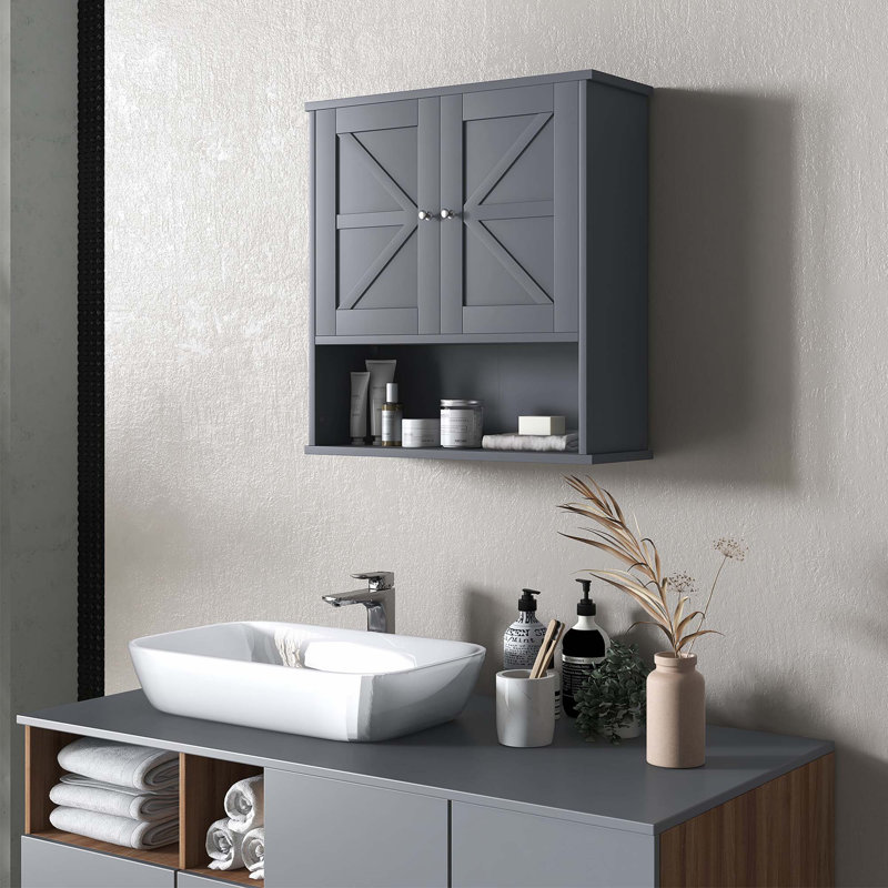 Armoire à pharmacie murale avec tablette ouverte et tablette réglable, Gris