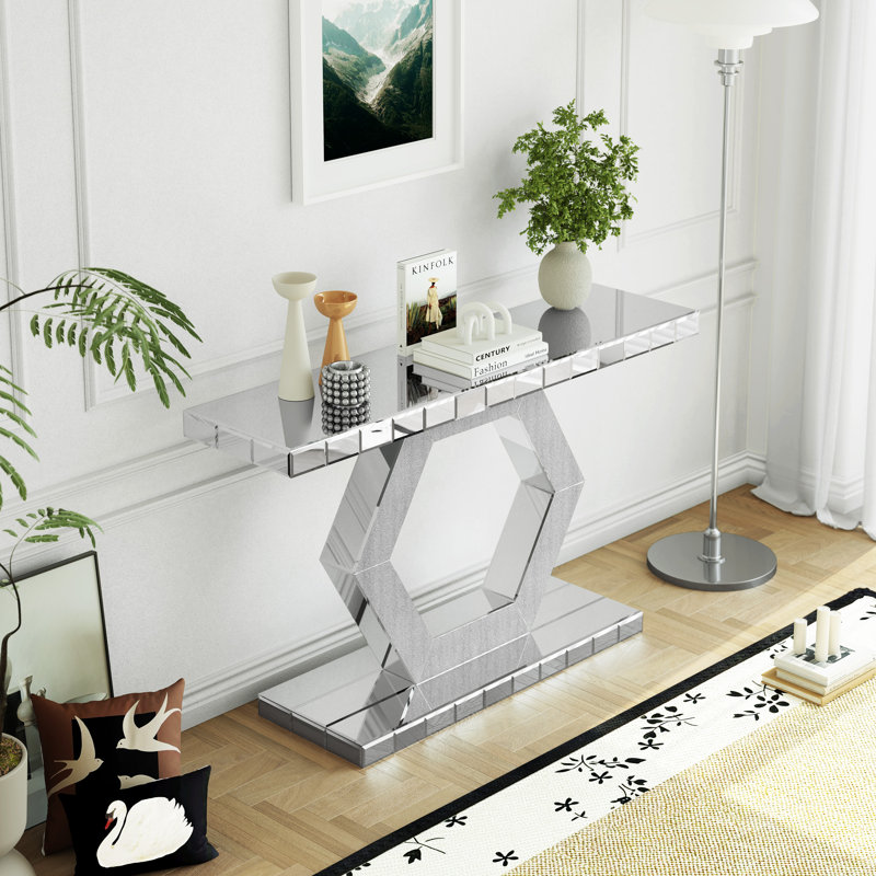Mirrored Console Table With Hexagonal Floor Shelf – Diamond Glass Accent & Modern Geometric Design