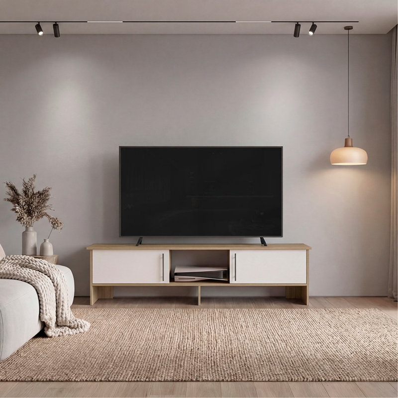 Meuble télé 65 po Noe Velmora - Console de télévision moderne avec tablettes de rangement ouvertes, Beige, beige et blanc
