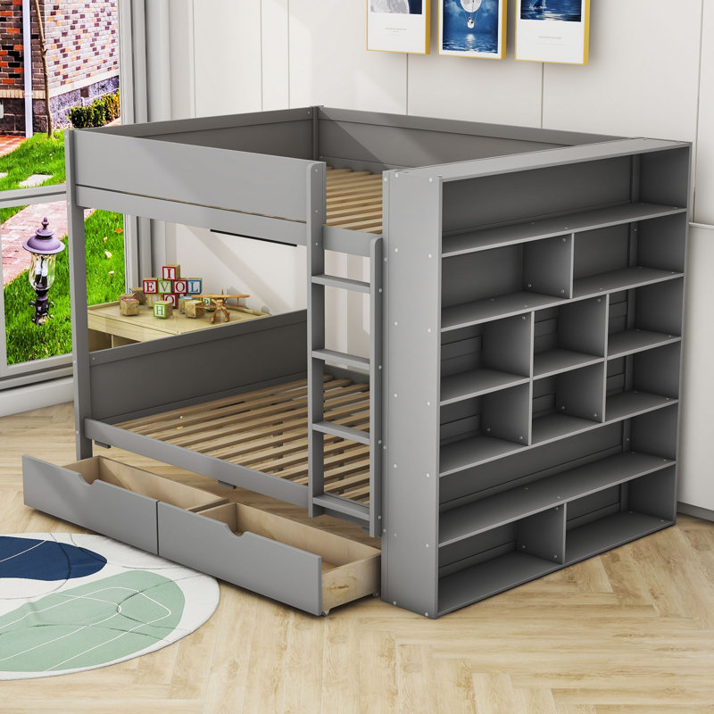 Aleiah Kids Twin Bunk Bed with Drawers, Full over Full, Gray