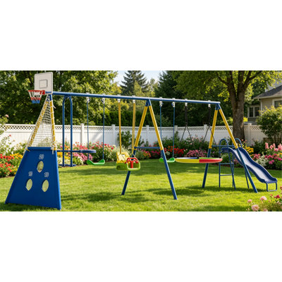Ensemble de balançoire en métal 8-en-1 pour la cour arrière, ensemble de jeu extérieur pour enfants avec glissade, soucoupe et balançoires à ceinture simple, panier de basketball + but de soccer, cadre en A robuste pour les enfants de 3 à 10 ans