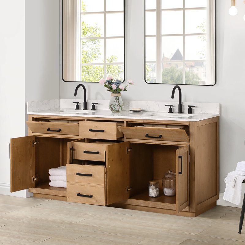 Gavino 72'' Double Bathroom Vanity with Engineered Stone Top, Light Brown, Black