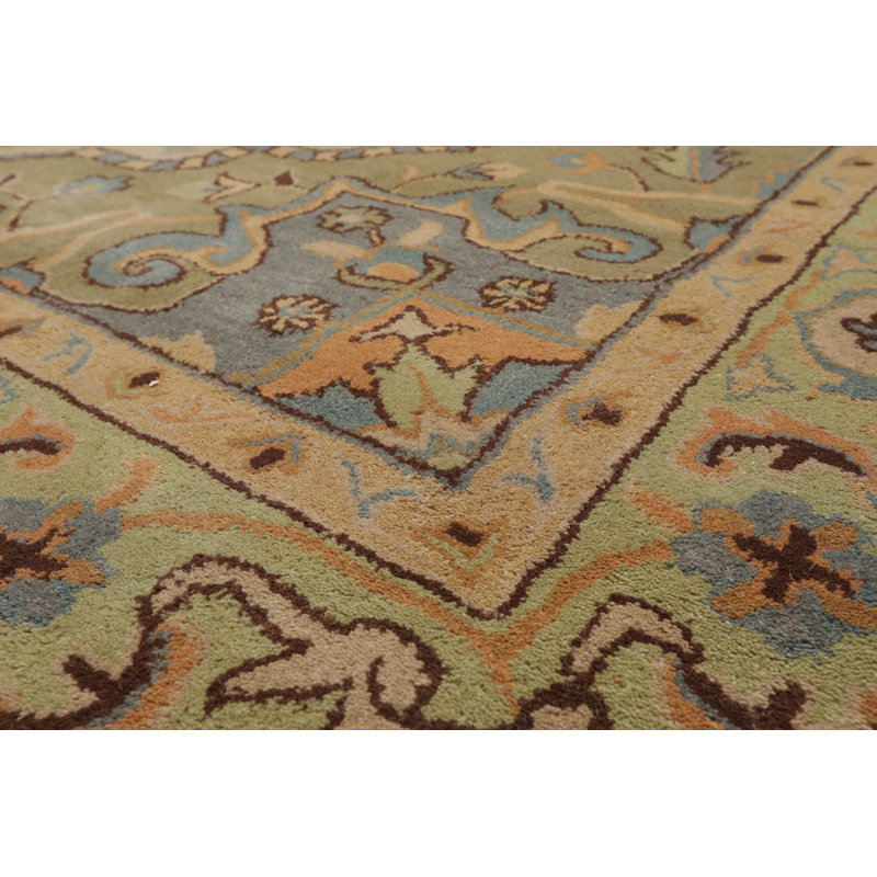 Tapis oriental rectangulaire en laine touffeté à la main beige / vert, Rectangle de 10 pi x 14 pi