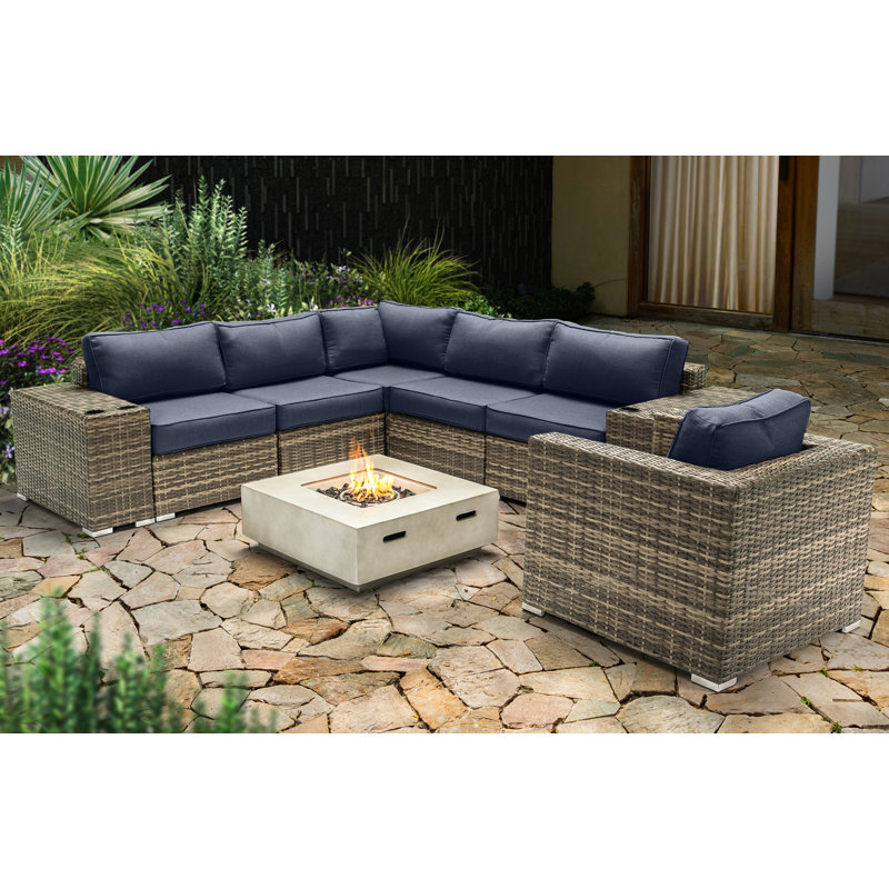 Ensemble de conversation pour 5 personnes avec foyer et coussins Sunbrella LSI, Marine