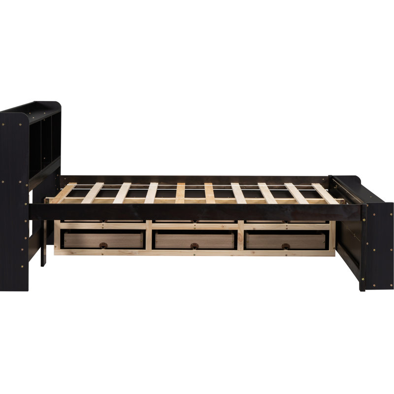 Lit double avec rangement et construction en pin robuste dans les compartiments, Espresso
