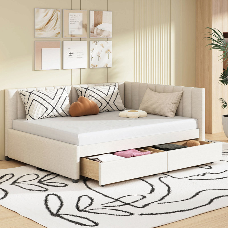 Upholstered Daybed With 2 Storage Drawers, Beige, Full