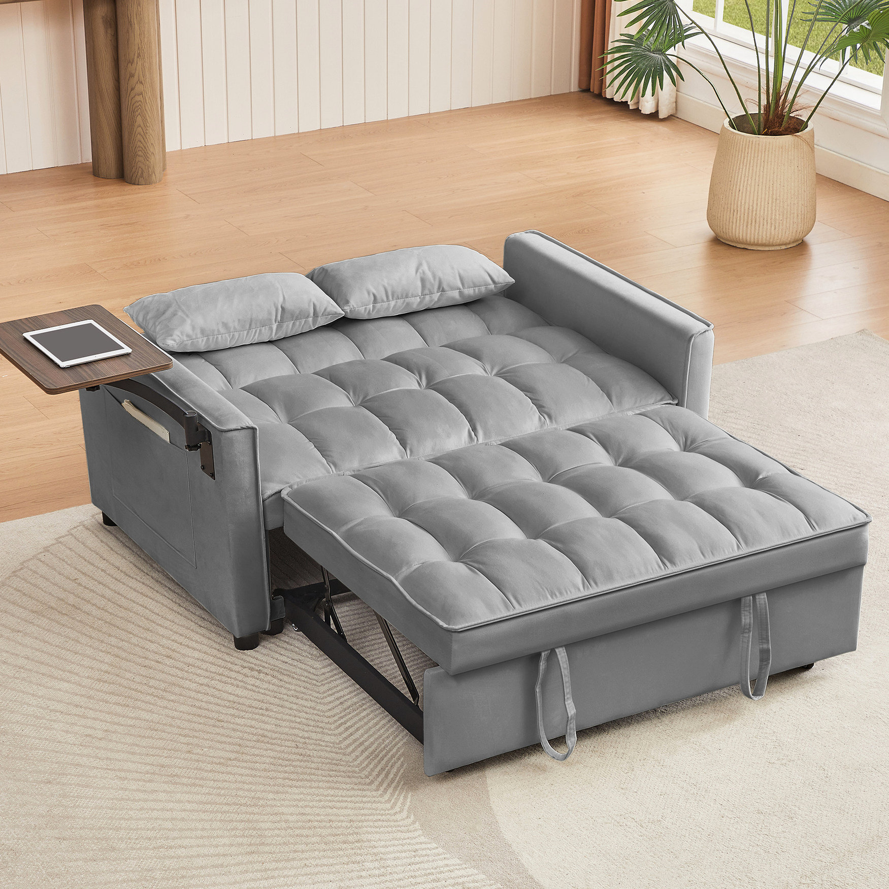 Ebern Designs Modern Grey Velvet Bed With Square Arm Design And Fabric ...