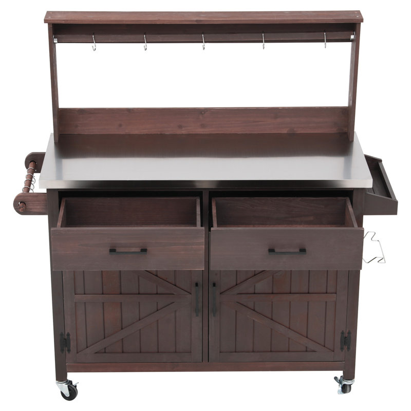 Rowan Outdoor Fir Wood Kitchen Island Cart with Stainless Steel Top, High Shelf, Storage Cabinets and Wheels, Brown
