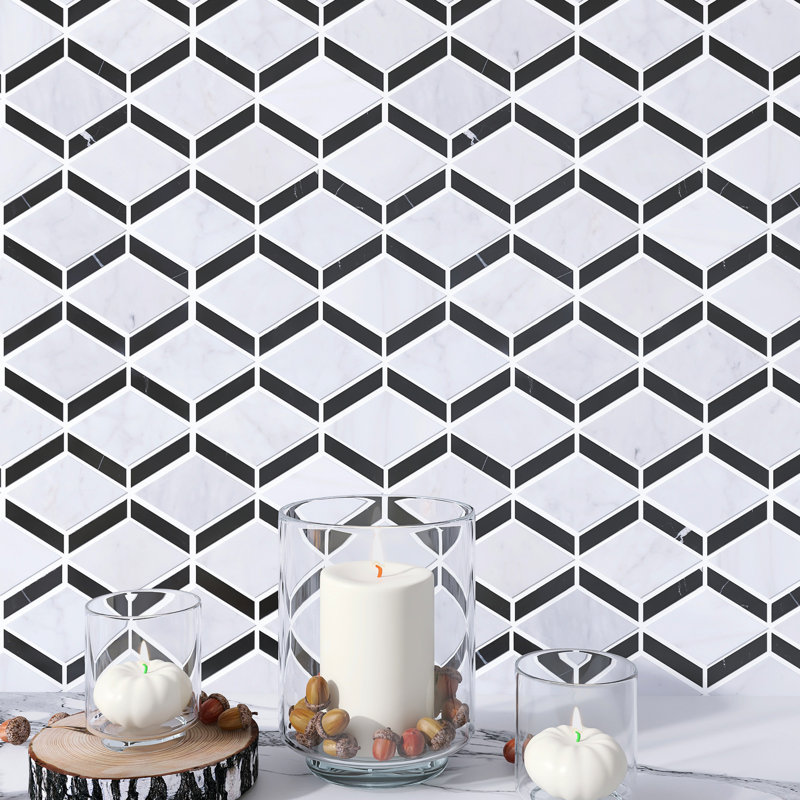 Emperador 9.65 in. x 10.63 in. Geometric Polished Marble Mosaic Tile, Black/White