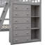 Lit superposé simple en bois au-dessus d'un lit double gris avec six armoires à tiroirs et des tablettes modulables-218756035-218756033