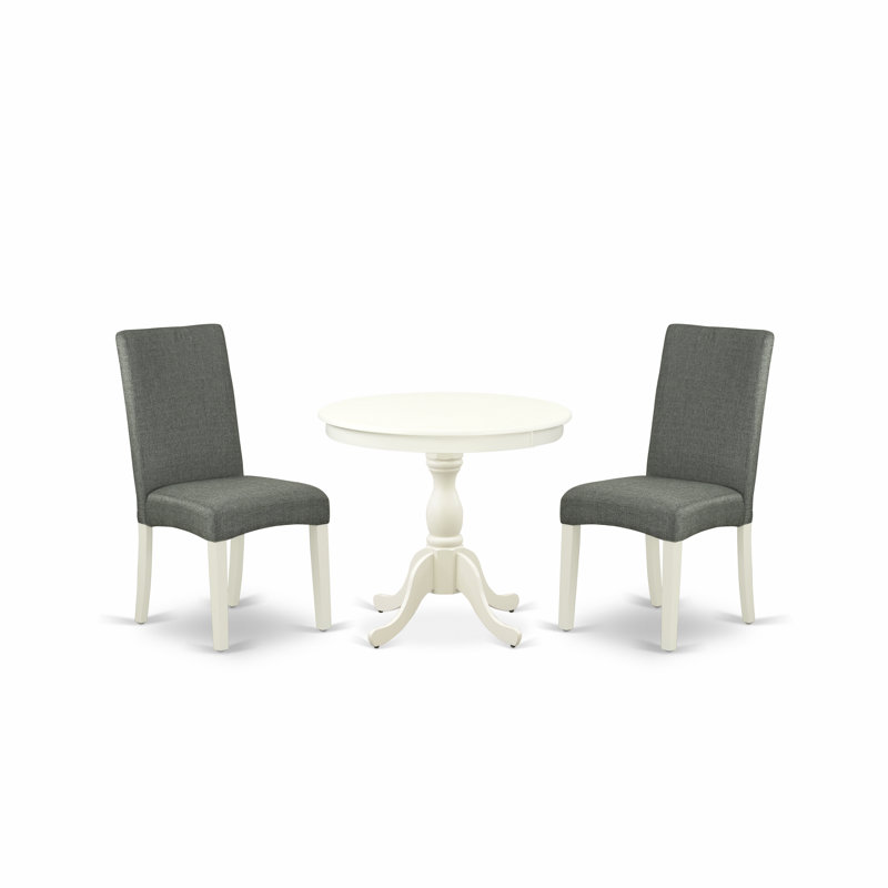 L'ensemble de table de cuisine 3 pièces comprend 1 table de salle à manger moderne et 2 chaises de salle à manger en tissu de lin gris avec dossier haut - finition lin blanc