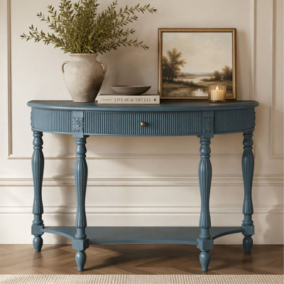 Console - Demi-lune - avec tiroir et tablette - Cannelé - Courbé - Pieds de colonne romaine - Bleu rustique - Bois massif