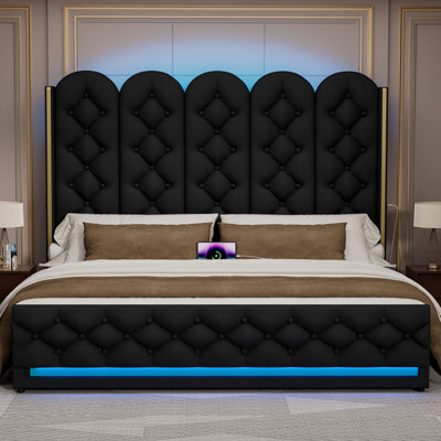 Lit de rangement relevable, cadre de lit haut, cadre de lit rembourré en velours avec lumières DEL et tête de lit haute touffetée à boutons de 58 pouces de hauteur, aucun sommier requis, silencieux, assemblage facile