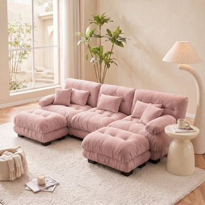 Canapé 3 places en chenille rose doux avec coussins moelleux pour salon de famille