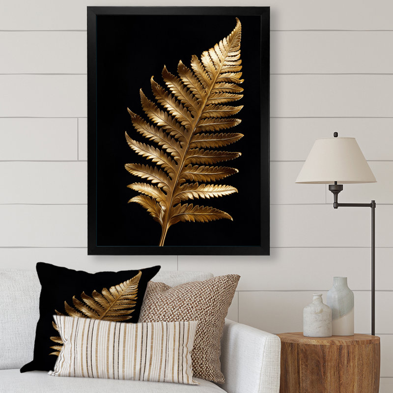 Feuille de fougère dorée sur fond noir sur toile, Cadre simple noir, H 32 po x l 16 po x P 1 po