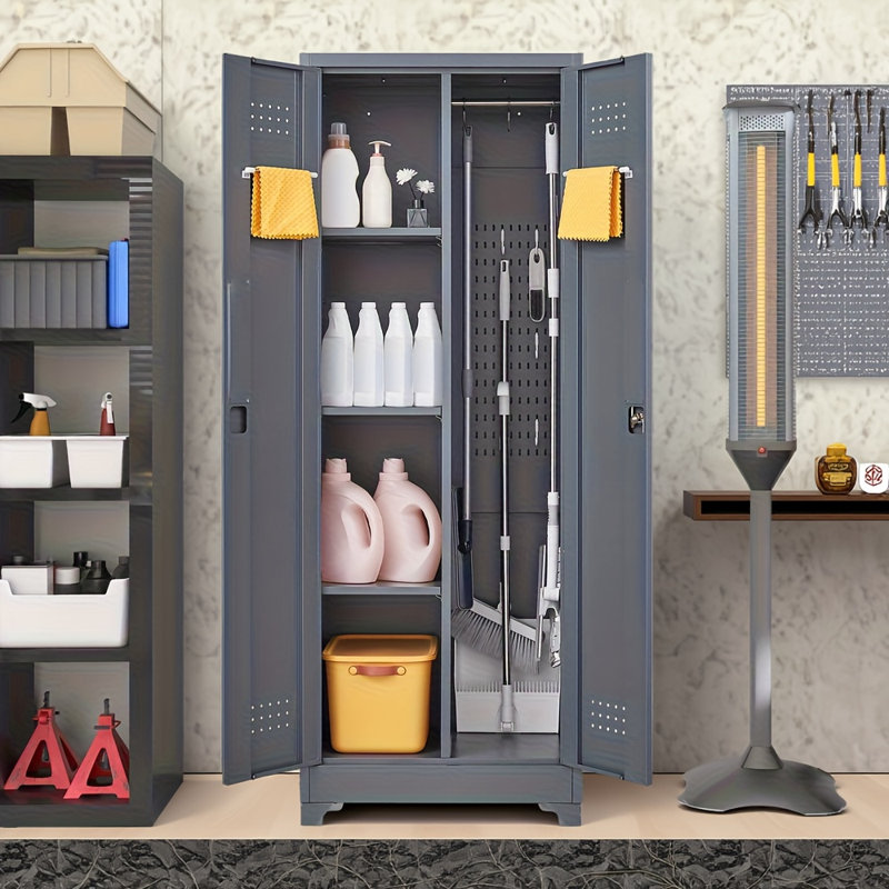 65" Heavy-duty Broom Storage Cabinet With Locking Doors, Adjustable Shelves & Hanging Rod, All-steel Utility Locker For Garage, Basement & Cleaning Tools