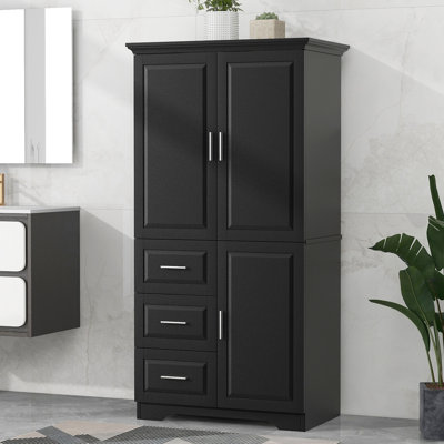 Armoire de rangement haute et large avec portes pour salle de bain / bureau, trois tiroirs, noir, maximisant l'organisation et l'efficacité de l'espace