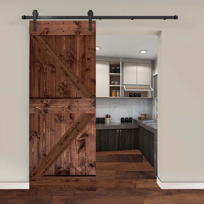 Ensemble de quincaillerie pour porte de grange simple en bois, Noyer foncé, 44 po x 84 po