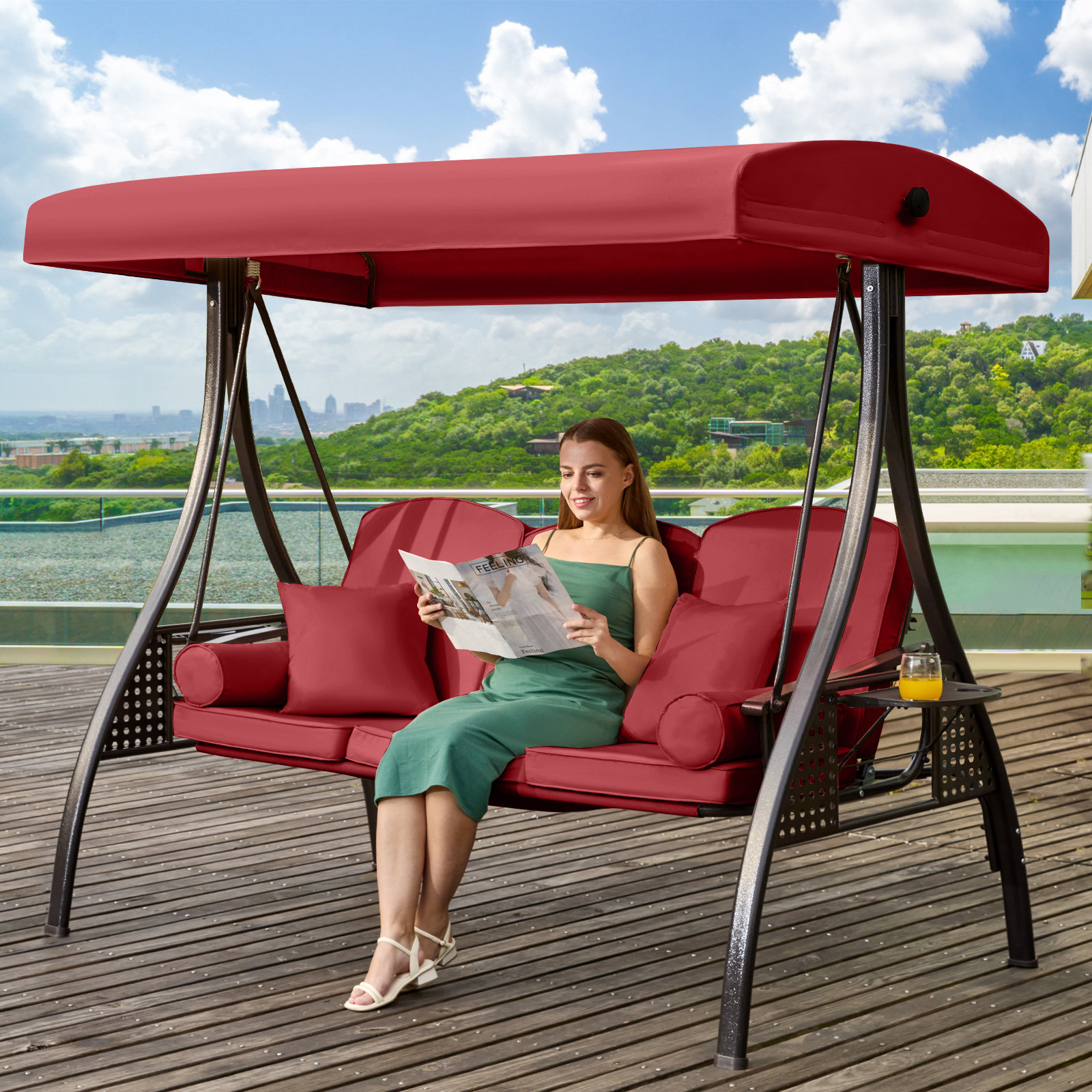 Swing Seat Red Patio Swing With Canopy Outdoor Patio 3-Seaters