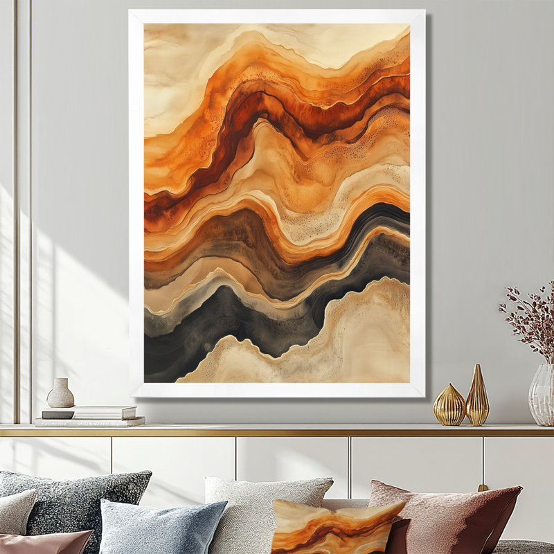 Caramel Beige Warm Earth Flow Abstract Ink I - Tableau liquide encadré, H 32 po x l 16 po, Cadre photo blanc