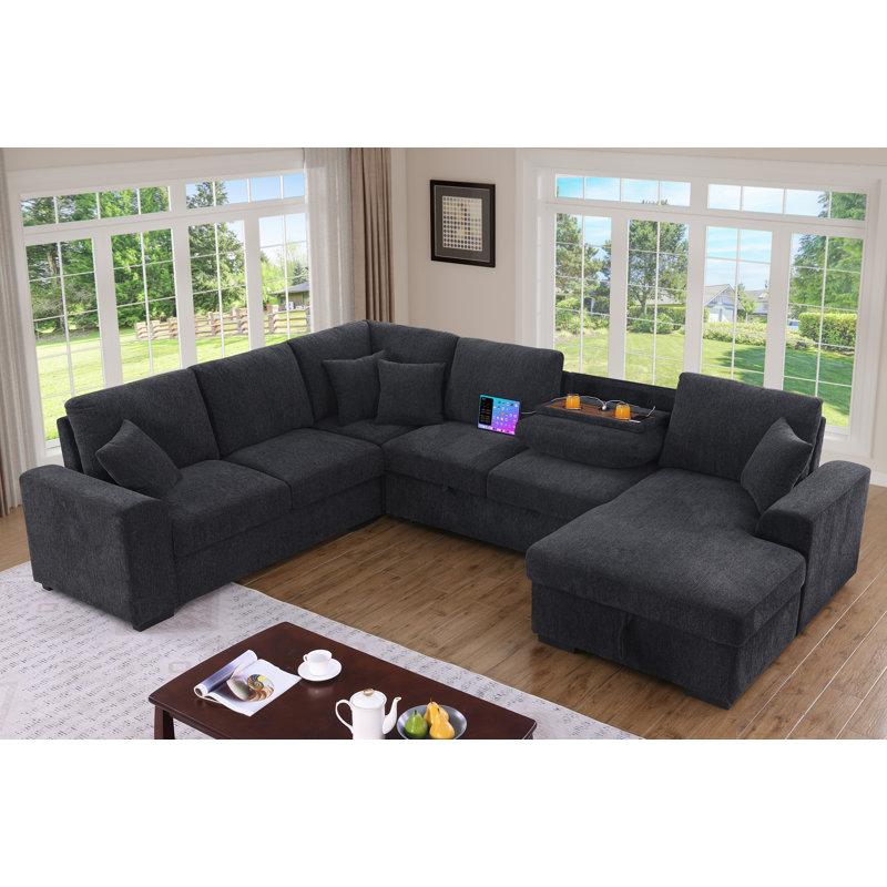 Canapé-lit modulaire en forme de U de 132 po en chenille avec lit coulissant, méridienne de rangement, console avec porte-gobelet rabattable et ports de charge USB Type-C