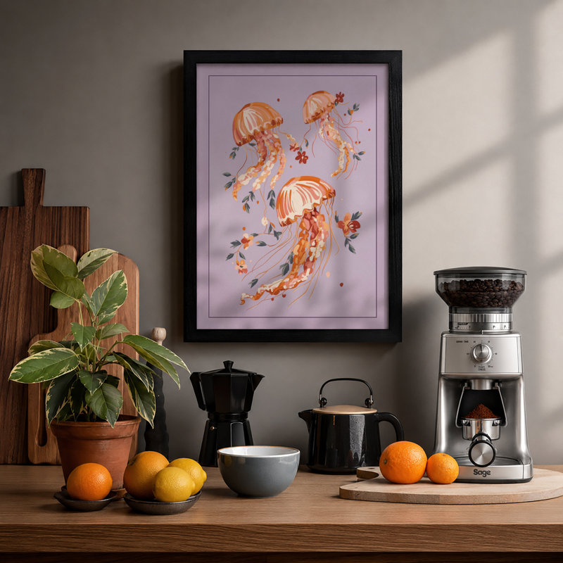 Drifting Jellyfish Coastal - Framed Print, Black, A4 - 29.7 x 21.0 cm