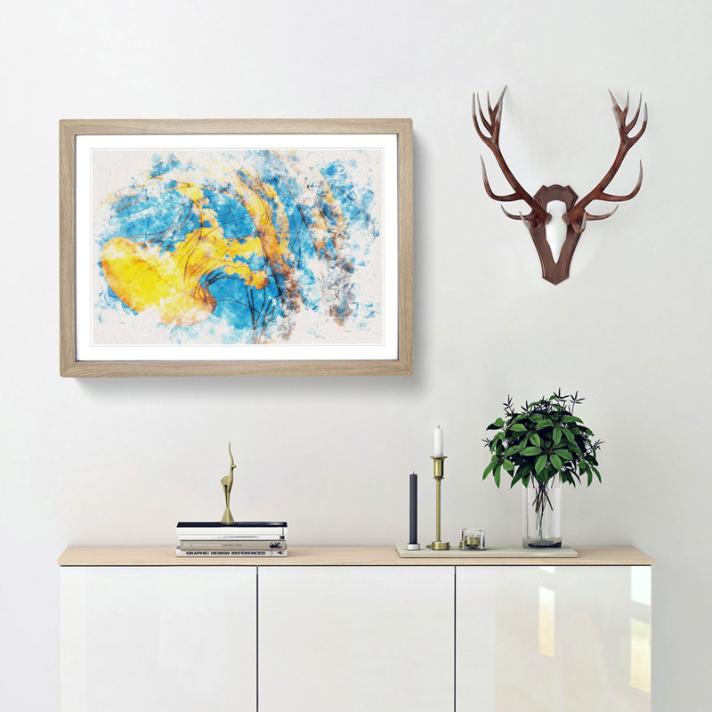 Yellow Jellyfish Watercolour - Framed Print, Oak, 35cm H x 50cm W x 2cm D