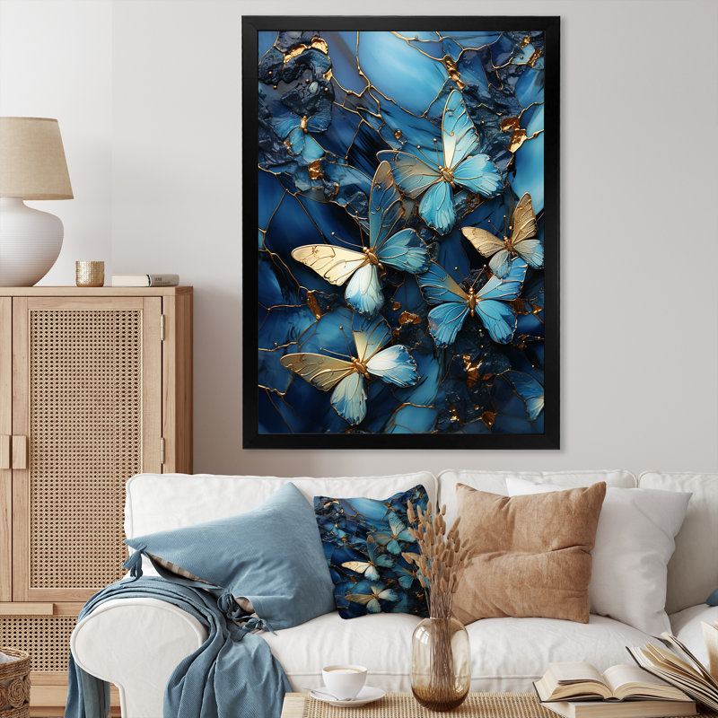 «Blue Crystal Butterflies», reproduction d'art murale abstraite, H 32 po x l 16 po x P 1 po, Cadre flottant doré