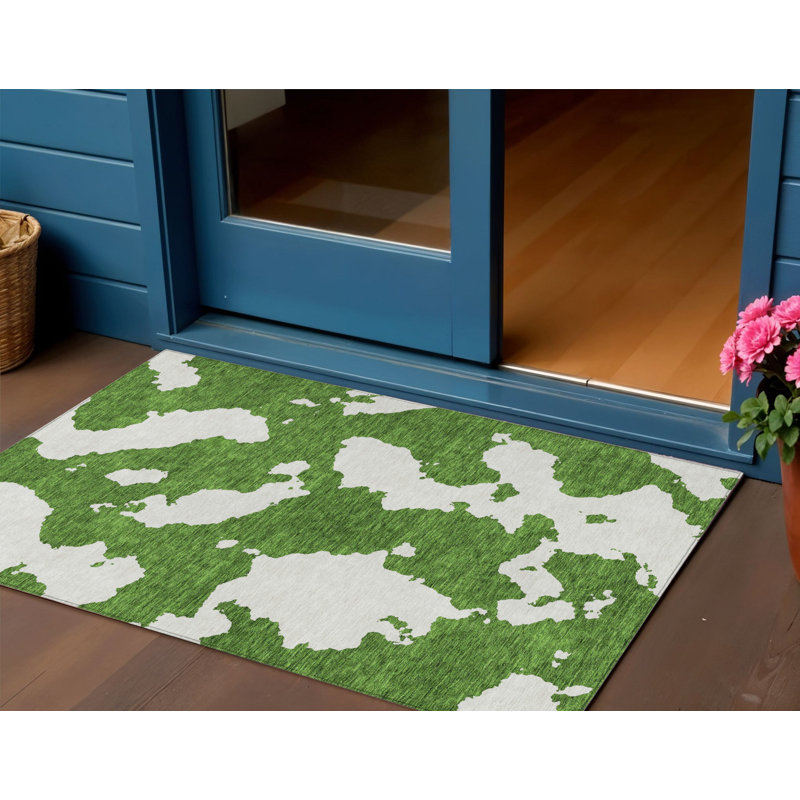 3' X 5' Green And Ivory Abstract Washable Indoor Outdoor Area Rug