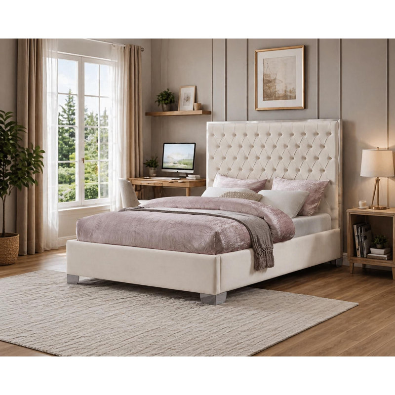 Kate Velvet Beige Platform Bed King, Beige, King