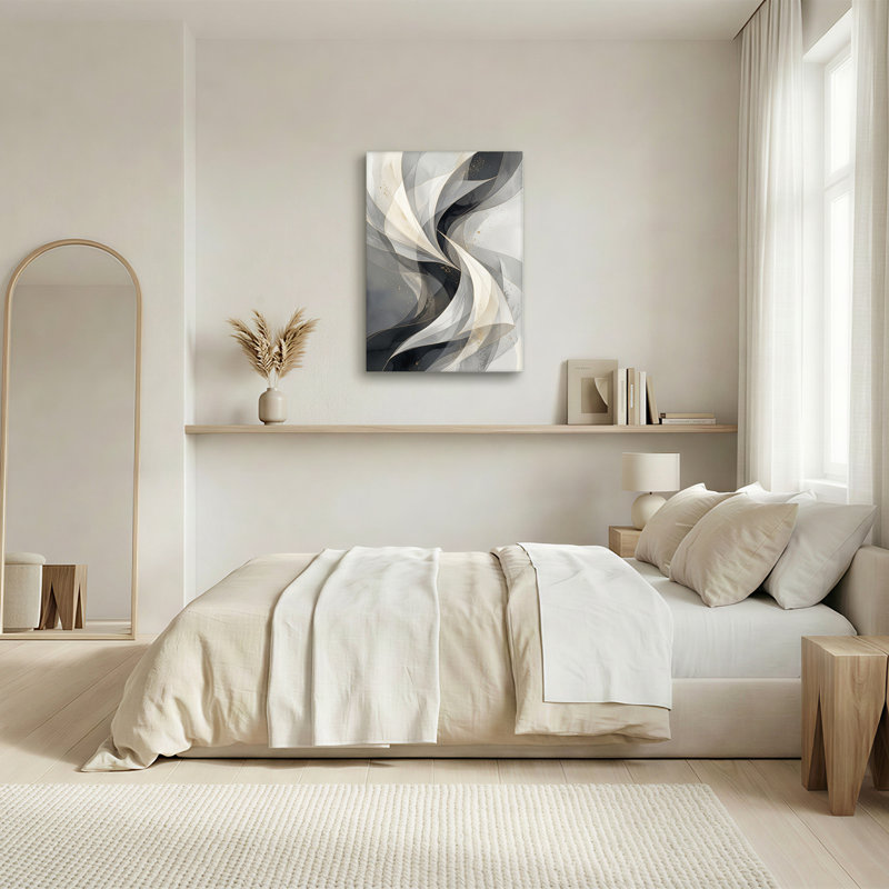 Toile abstraite grise et blanche avec rubans décoratifs dorés, H 36 po x l 24 po