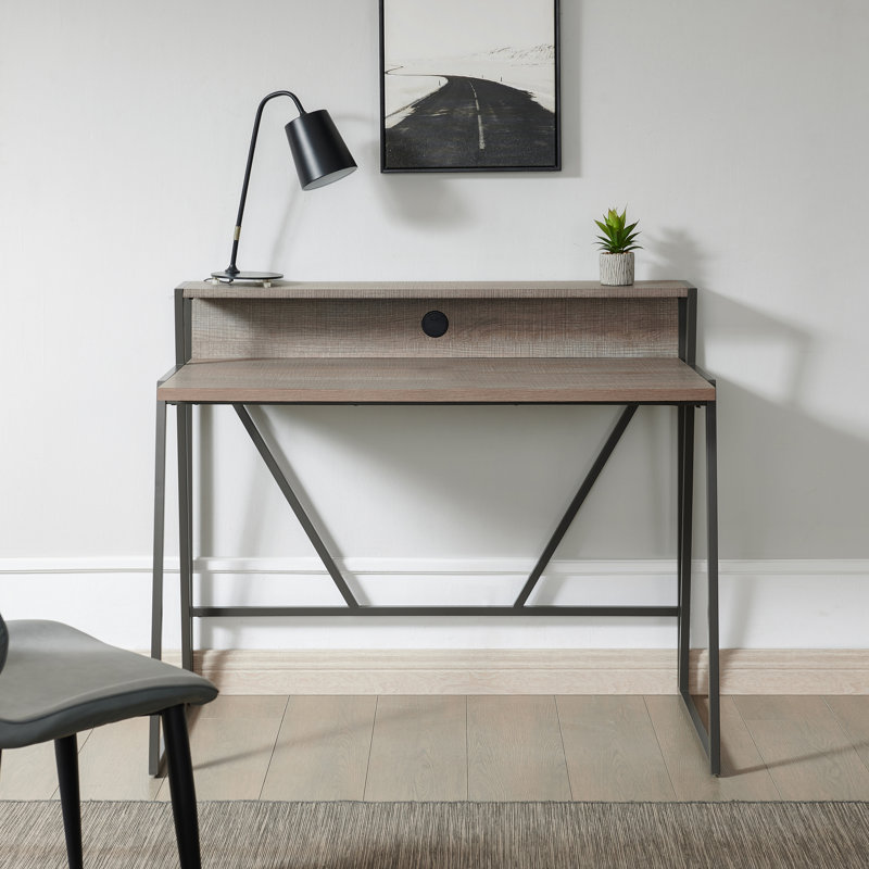 Emillio Metal Base Writing Desk, Roughsawn Oak/Gunmetal Gray