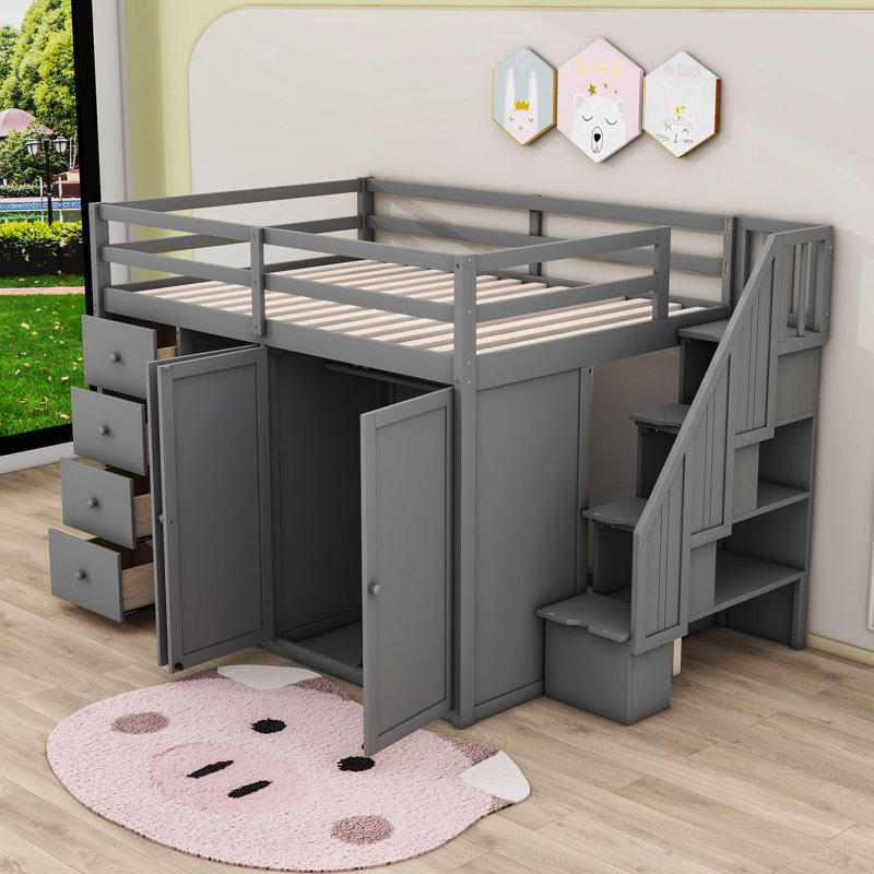 Lit mezzanine double avec tiroirs Jebidiah Kids, gris