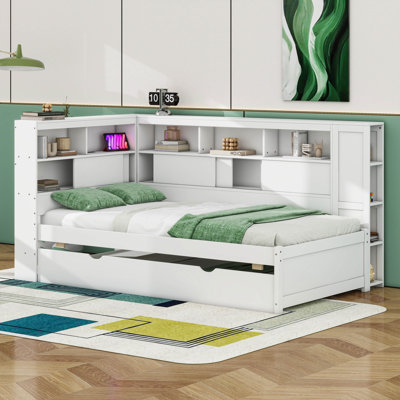 Twin Size L-Shaped Design Sofa Bed Frame With Shelves And Trundle