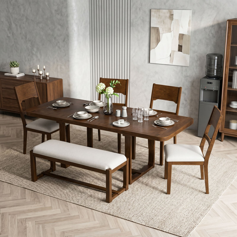 Ensemble de salle à manger extensible 6 pièces avec double table à piédestal rectangulaire, 4 chaises rembourrées et banc