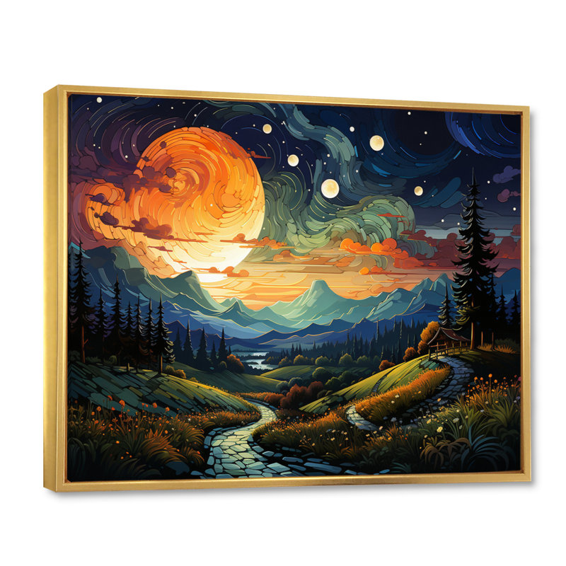 Colourful Northernlights Road To Infinity I - Landscapes Canvas Art Print, 16" H x 32" W, Cadre flottant doré