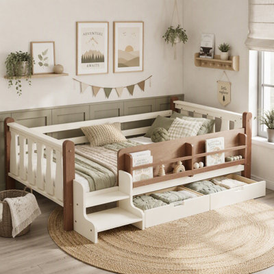 Lit en bois Montessori avec tablettes et escaliers