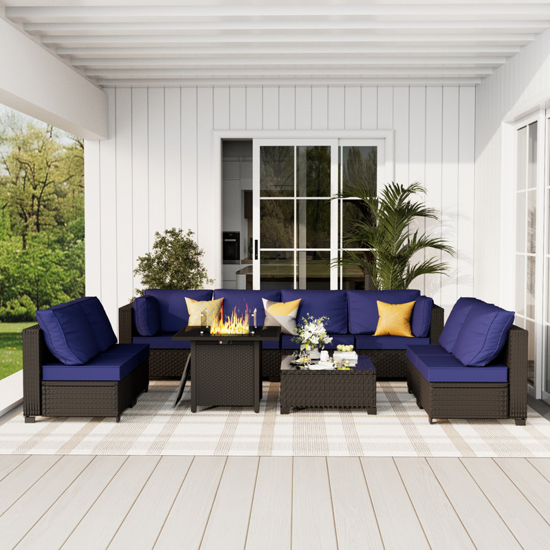 𝗡𝗼-𝗔𝘀𝘀𝗲𝗺𝗯𝗹𝘆 𝗖𝗵𝗮𝗶𝗿𝘀, Ensemble de conversation modulaire d'extérieur en osier pour 8 personnes avec conversation et coussins
