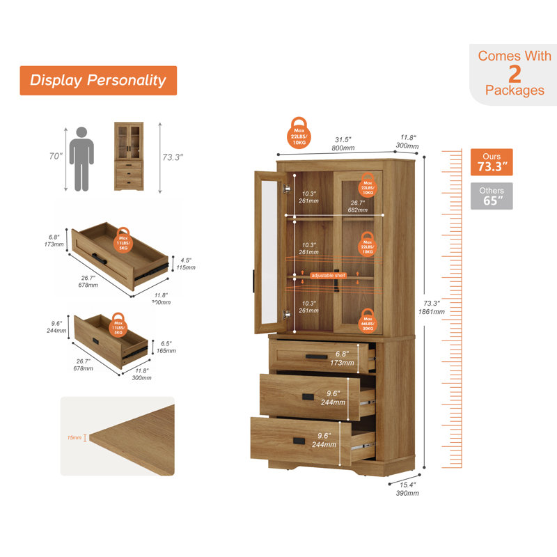 Laziza 3 Tier Bookcase With Drawer,73.3" Tall Floor Standing Bookshelf,Modern Farmhouse Display Storage Cabinet With Adjustable Shelves,