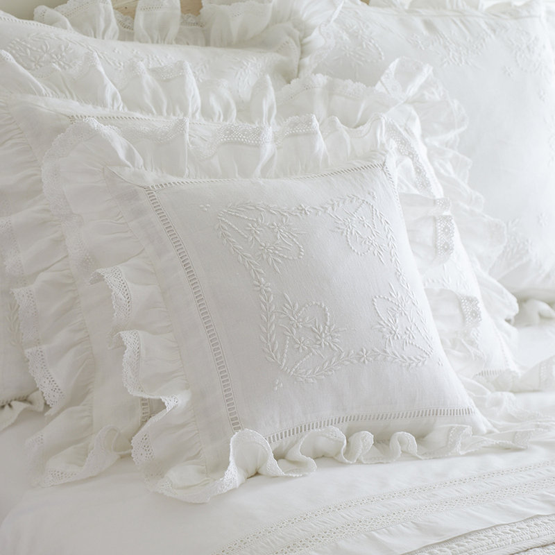 Prairie Crochet White Linen Throw Pillow, Square 16"