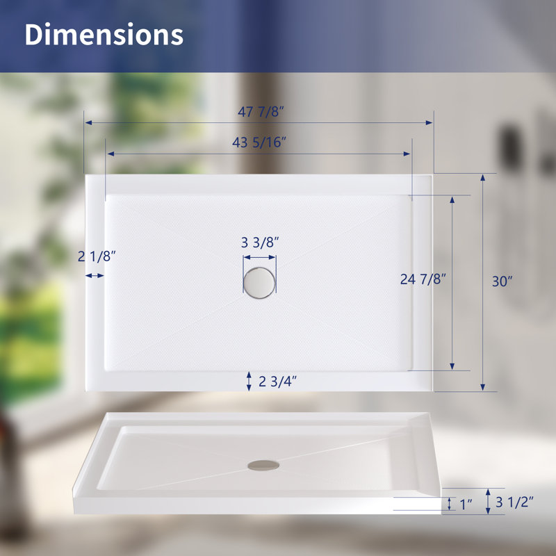 Base de douche rectangulaire 48 po x 30 po DeerValley, H 3,5 po x l 48 po x P 30 po, Blanc
