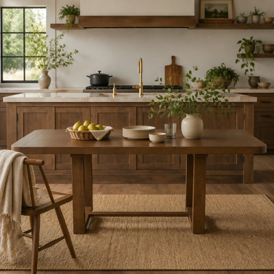 Extendable Solid Wood Dining Table, 60-84inch Rectangular Kitchen Table with Rounded Corners, Removable Leaf, Groove Line Detailing, Stretcher Base &