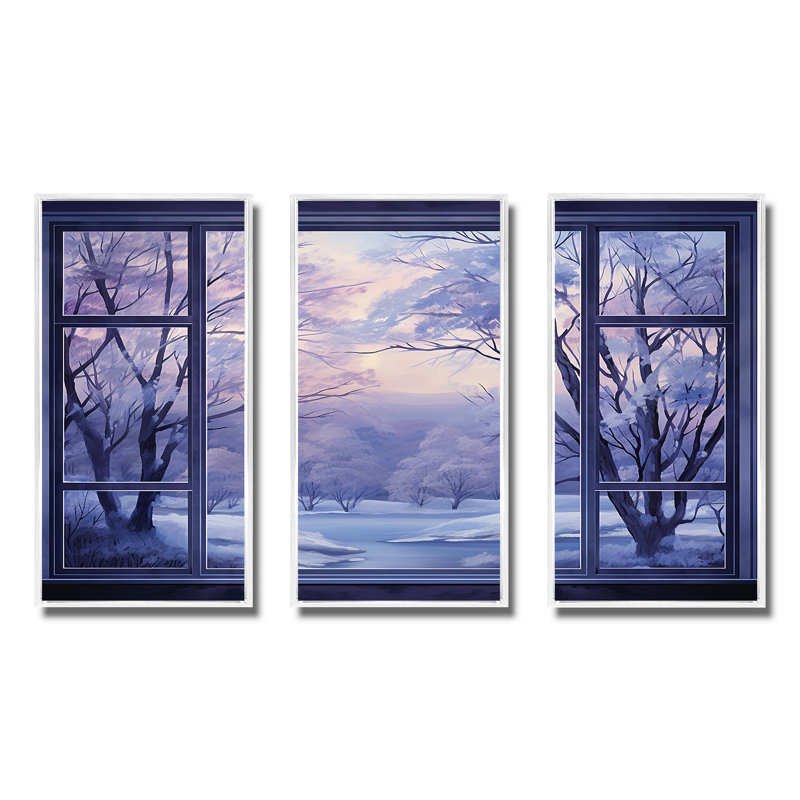 «Purple River Winter Windows IV - Winter Landscape», art mural, Cadre flottant blanc, H 32 po x l 48 po x P 1 po